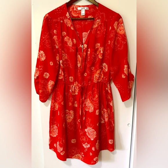 Streetwear Society Dresses & Skirts - Streetwear Society| Striking Red Floral Long Sleeve Cinch Waist Dress Sz XL